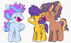Size: 850x517 | Tagged: safe, artist:pinkiespresent, oc, cute, eyes closed, laughing, magical gay spawn, magical lesbian spawn, next generation, ocbetes, offspring, parent:flash sentry, parent:starlight glimmer, parent:sunburst, parent:sunset shimmer, parent:trixie, parent:twilight sparkle, parents:flashburst, parents:startrix, parents:sunsetsparkle, unamused