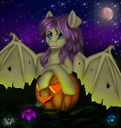 Size: 678x718 | Tagged: safe, artist:amywhooves, fluttershy, bat pony, pony, g4, bat ponified, crossed hooves, female, flutterbat, full moon, halloween, holiday, jack-o-lantern, moon, night, pumpkin, race swap, solo, stars