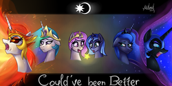 Size: 1200x600 | Tagged: safe, artist:milkychocoberry, daybreaker, nightmare moon, princess celestia, princess luna, alicorn, pony, g4, bust, fangs, female, filly, filly celestia, filly luna, mare, woona, younger