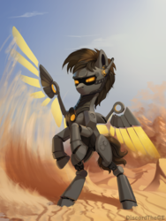 Size: 1500x2000 | Tagged: safe, artist:discordthege, oc, oc only, pony, robot, robot pony, artificial wings, augmented, commission, desert, mechanical wing, rearing, solo, wings