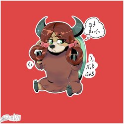 Size: 800x800 | Tagged: safe, artist:sozglitch, yona, yak, g4, bow, cloven hooves, female, hair bow, japanese, monkey swings, quadrupedal, red background, simple background, solo