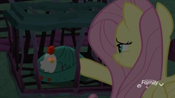 Size: 1920x1080 | Tagged: safe, screencap, fluttershy, cockatrice, pegasus, pony, g4, school raze, cage, curled up, female, glowing eyes, mare, red eyes