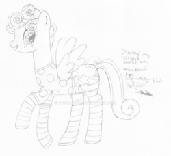 Size: 1024x935 | Tagged: safe, artist:thecloud96, rolling thunder, pegasus, pony, g4, clothes, cute, eye scar, female, lineart, mare, obtrusive watermark, open mouth, pajamas, raised hoof, scar, sketch, socks, solo, striped socks, traditional art, watermark