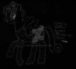 Size: 1024x935 | Tagged: safe, artist:thecloud96, rolling thunder, pegasus, pony, g4, chalk, chalk drawing, clothes, cute, eye scar, female, mare, obtrusive watermark, open mouth, pajamas, raised hoof, scar, socks, solo, striped socks, traditional art, watermark