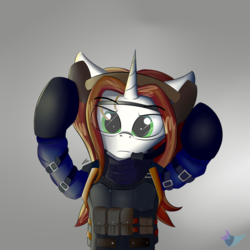 Size: 1500x1500 | Tagged: safe, artist:lunar froxy, oc, oc only, oc:light landstrider, pony, unicorn, armor, commission, crossover, eye clipping through hair, male, rainbow six siege, solo, stallion, ying, ying (r6s)