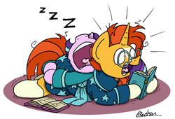 Size: 2100x1424 | Tagged: safe, artist:bobthedalek, starlight glimmer, sunburst, pony, unicorn, g4, bathrobe, book, butt pillow, butthug, clothes, female, hug, large butt, male, mare, messy mane, nose in the air, prone, reading, robe, ship:starburst, shipping, simple background, sleeping, snorelight glimmer, snoring, stallion, straight, surprised, tongue out, white background, zzz