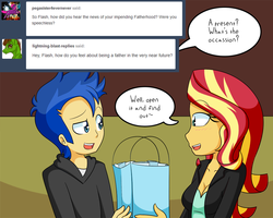 Size: 1000x800 | Tagged: safe, artist:jake heritagu, flash sentry, sunset shimmer, comic:ask motherly scootaloo, comic:ask motherly sunset shimmer, equestria girls, g4, ask, couch, female, male, ship:flashimmer, shipping, straight, tumblr