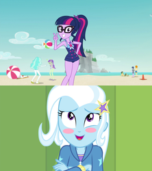 Size: 1920x2160 | Tagged: safe, artist:themexicanpunisher, trixie, twilight sparkle, equestria girls, equestria girls specials, g4, my little pony equestria girls: better together, my little pony equestria girls: forgotten friendship, blush sticker, blushing, clothes, female, lesbian, peace sign, ship:twixie, shipping, shipping domino, swimsuit