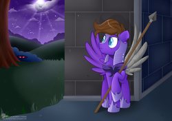 Size: 5069x3559 | Tagged: safe, artist:raspberrystudios, oc, oc only, oc:nightwind, pegasus, pony, amputee, augmented, bush, castle, commission, moon, night, night guard, night sky, pegasus oc, prosthetic limb, prosthetic wing, prosthetics, sky, solo, spear, tree, weapon