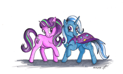 Size: 3164x1904 | Tagged: safe, artist:wojak1991, starlight glimmer, trixie, pony, unicorn, g4, best friends, cape, clothes, duo, female, mare, raised hoof, smiling, traditional art