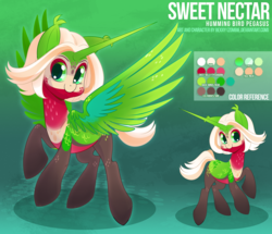 Size: 2500x2150 | Tagged: safe, artist:zombie, oc, oc only, oc:sweet nectar, bird pone, hummingbird, original species, pony, female, high res, horn, mare, ponified, reference sheet, solo, wings