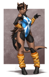 Size: 2426x3791 | Tagged: safe, artist:mykegreywolf, oc, oc only, oc:nessy, dinosaur, hybrid, anthro, unguligrade anthro, anthro oc, arm warmers, armpits, clothes, commission, female, high res, high-cut clothing, leg warmers, one-piece swimsuit, solo, swimsuit