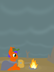 Size: 2273x3000 | Tagged: safe, artist:alltimemine, oc, oc only, unnamed oc, pony, camp, campfire, cap, clothes, cloud, cloudy, coat, dead tree, hat, high res, male, prone, saddle bag, stallion, tree, wasteland