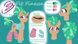Size: 1280x720 | Tagged: safe, artist:naomiknight17, oc, oc only, oc:fit finesse, earth pony, pony, clothes, cutie mark, female, freckles, leg warmers, mare, reference sheet, scrunchie, slippers, smiling, solo, tail wrap, towel