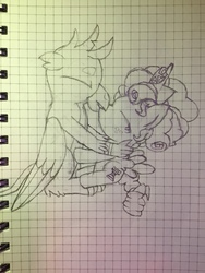 Size: 2448x3264 | Tagged: safe, anonymous artist, derpibooru exclusive, cozy glow, gallus, griffon, g4, age difference, crack shipping, eyes closed, female, filly, gallozy, graph paper, high res, kissing, male, shipping, sketch, straight, traditional art