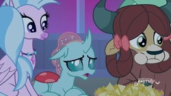 Size: 1920x1080 | Tagged: safe, screencap, ocellus, silverstream, yona, changedling, changeling, classical hippogriff, hippogriff, yak, g4, school raze, bow, chips, cloven hooves, eating, female, food, hair bow, jewelry, monkey swings, nachos, necklace, night
