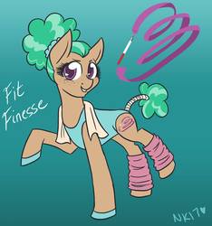 Size: 898x960 | Tagged: safe, artist:naomiknight17, oc, oc only, oc:fit finesse, earth pony, pony, clothes, cutie mark, female, freckles, gradient background, leg warmers, mare, raised hoof, scrunchie, slippers, smiling, solo, tail wrap, towel