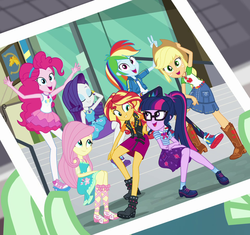 Size: 961x902 | Tagged: safe, screencap, applejack, fluttershy, pinkie pie, rainbow dash, rarity, sci-twi, sunset shimmer, twilight sparkle, wallflower blush, equestria girls, equestria girls series, forgotten friendship, g4, applejack's hat, boots, clothes, converse, cowboy hat, cropped, denim skirt, dress, eyes closed, feet, female, freckles, geode of empathy, geode of fauna, geode of shielding, geode of sugar bombs, geode of super speed, geode of super strength, geode of telekinesis, glasses, hat, high heel boots, high heels, hoodie, humane five, humane seven, humane six, jacket, legs, magical geodes, pantyhose, photo, ponytail, sandals, shoes, skirt, smiling, sneakers, stetson, yearbook, yearbook photo