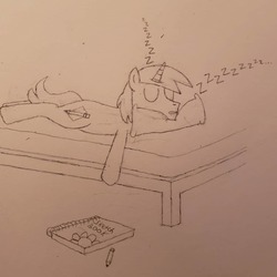 Size: 1080x1080 | Tagged: safe, artist:pony_brony_art, oc, oc only, oc:pencil lead, pony, unicorn, bed, lineart, male, monochrome, paper, pencil, pencil drawing, sketchbook, sleeping, solo, stallion, traditional art, zzz