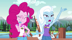 Size: 1280x720 | Tagged: safe, screencap, pinkie pie, trixie, equestria girls, g4, my little pony equestria girls: legend of everfree, armpits, camp everfree outfits, dramatic, duo, duo female, facepalm, female, lake, mountain, mountain range, open mouth, pier