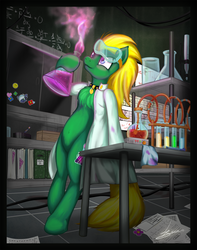 Size: 1575x2000 | Tagged: safe, artist:hardlugia, oc, oc only, oc:professor sugarcube, earth pony, pony, beaker, bipedal, bipedal leaning, blonde hair, blue eyes, chemistry, chest fluff, clothes, collar, female, glasses, goggles, green coat, lab coat, laboratory, leaning, periodic table, potion, safety goggles, science, solo, sticker, test tube