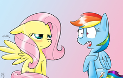 Size: 1024x652 | Tagged: safe, artist:khaotixdreamfd, fluttershy, rainbow dash, pegasus, pony, g4, female, gradient background, lesbian, looking at each other, mare, ship:flutterdash, shipping, wings
