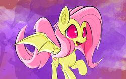 Size: 4180x2632 | Tagged: safe, artist:creepypastapon3, fluttershy, bat pony, pony, g4, abstract background, bat ponified, bat wings, colored pupils, female, flutterbat, open mouth, race swap, raised hoof, red eyes, smiling, solo, spread wings, wings
