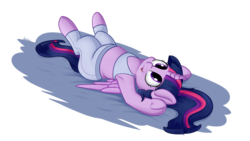 Size: 3840x2160 | Tagged: safe, artist:andelai, twilight sparkle, alicorn, pony, g4, armpits, chubby, chubby twilight, clothes, cute, female, high res, lying down, mare, midriff, on back, open mouth, plump, simple background, smiling, solo, transparent background, twilight sparkle (alicorn), underhoof, workout outfit