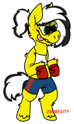 Size: 567x952 | Tagged: safe, artist:pony-puke, oc, oc only, oc:uppercute, pony, bipedal, boxing gloves, clothes, freckles, gritted teeth, shorts, simple background, solo, tongue out, transparent background, unshorn fetlocks