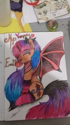 Size: 3264x1836 | Tagged: safe, artist:mya-chan nina, oc, oc only, oc:mya-chan the vampony, alicorn, pony, vampony, alicorn oc, bat wings, clothes, colored, eeee, horn, long mane, long tail, makeup, music notes, peytral, ring, socks, solo, striped socks, teeth, traditional art, wall eyed, wings