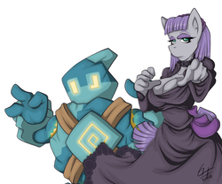 Size: 1280x1067 | Tagged: safe, artist:maroon64, boulder (g4), maud pie, earth pony, anthro, g4, black dress, breasts, busty maud pie, cleavage, clothes, commission, crossover, dress, fighting stance, golett, hex maniac, pokémon, signature, simple background, white background