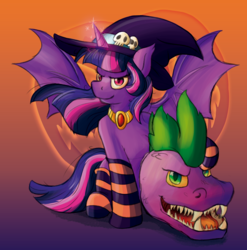 Size: 2339x2371 | Tagged: safe, artist:mandy1412, spike, twilight sparkle, alicorn, bat pony, bat pony alicorn, dragon, pony, g4, abstract background, bat ponified, clothes, duo, female, halloween, hat, high res, holiday, looking at you, male, mare, older, open mouth, peytral, race swap, red eyes, sitting, smiling, socks, spread wings, striped socks, twibat, twilight sparkle (alicorn), wings, witch, witch hat