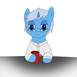 Size: 2500x2500 | Tagged: safe, artist:luxqsd, oc, oc only, oc:algorithm, pony, unicorn, clothes, coffee, glasses, high res, sad, simple background, solo, tired