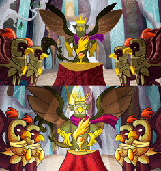 Size: 1937x2053 | Tagged: safe, artist:mandy1412, king grover, griffon, g4, the lost treasure of griffonstone, armor, clothes, comparison, crown, crown of grover, griffon guard, griffonstone, helmet, idol of boreas, jewelry, male, regalia, scarf, scene interpretation, spread wings, wings