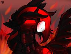 Size: 1600x1200 | Tagged: safe, artist:brainiac, oc, oc only, oc:blackjack, cyborg, pony, unicorn, fallout equestria, fallout equestria: project horizons, female, fire, glowing eyes, mare, red and black oc, solo, winged unicorn