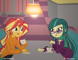 Size: 4000x3090 | Tagged: safe, artist:dieart77, juniper montage, sunset shimmer, equestria girls, g4, cafe, clothes, commission, cup, duo, female, looking at each other, open mouth, plate, sitting, sweater, table, talking