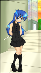 Size: 3685x6462 | Tagged: safe, artist:derpyramone, flash sentry, oc, oc only, oc:felicity sentry, human, g4, absurd file size, absurd resolution, city, clothes, crossdressing, cute, femboy, girly, girly sentry, humanized, light skin, looking at you, male, miniskirt, not rule 63, pleated skirt, shoes, sissy, skirt, socks, solo, street, translation request, trap