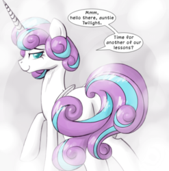 Size: 571x578 | Tagged: safe, artist:deusexequus, princess flurry heart, alicorn, pony, ask the princess of friendship with benefits, g4, ask, bedroom eyes, butt, cropped, dialogue, female, flurrybutt, implied incest, implied lesbian, implied sex, implied shipping, implied twicest, implied twilight sparkle, looking at you, looking back, looking back at you, mare, older, older flurry heart, plot, raised hoof, solo, speech bubble, steam, tumblr