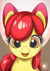 Size: 955x1351 | Tagged: safe, artist:mysticalpha, apple bloom, earth pony, pony, g4, adorabloom, bow, cute, female, filly, hair bow, looking at you, open mouth, smiling, solo
