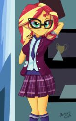 Size: 2500x4000 | Tagged: safe, artist:horsecat, sunset shimmer, equestria girls, g4, arm behind head, bedroom eyes, big breasts, blazer, breasts, busty sunset shimmer, clothes, clothes swap, commission, crystal prep academy uniform, female, glasses, looking at you, necktie, open clothes, plaid skirt, pose, rolled up sleeves, school uniform, shirt, skirt, smiling, socks, solo, standing, uniform