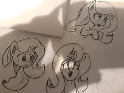 Size: 1030x773 | Tagged: safe, artist:post-it, oc, oc:posty, pony, unicorn, bust, female, ink drawing, inktober, looking up, mare, monochrome, open mouth, raised hoof, shadow, simple background, sketch, smiling, sticky note, traditional art, white background