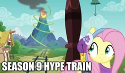Size: 821x484 | Tagged: safe, edit, edited screencap, editor:apex soundwave, screencap, fluttershy, pegasus, pony, dungeons and discords, g4, season 9, background focus, bell, clothes, derail in the comments, female, hype train, image macro, imminent death, looking back, mare, ponyville, solo, text, train, train station, volcano