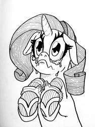 Size: 960x1280 | Tagged: safe, artist:docwario, rarity, pony, unicorn, g4, black and white, crying, cuffs, female, floppy ears, grayscale, handcuffed, ink drawing, monochrome, raritober, solo, traditional art