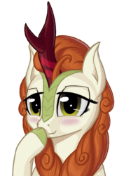 Size: 2351x3325 | Tagged: safe, artist:koshakevich, autumn blaze, kirin, sounds of silence, awwtumn blaze, blushing, boop, cute, female, lidded eyes, looking at you, self-boop, simple background, smiling, solo, transparent background