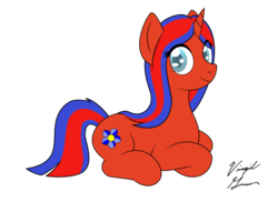 Size: 3501x2550 | Tagged: safe, artist:virgil green, oc, oc only, oc:kiska, pony, unicorn, blue, blue eyes, female, high res, lying, mare, red, simple background, solo, transparent background