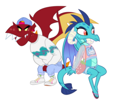 Size: 800x658 | Tagged: safe, artist:queencold, garble, princess ember, dragon, g4, '90s, 90's fashion, clothes, dragoness, dragons wearing clothes, dragons wearing human clothes, duo, female, midriff, sandals, simple background, solo jazz, teenaged dragon, transparent background