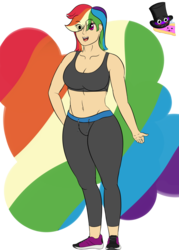 Size: 2800x3900 | Tagged: safe, artist:mrcakesboi, rainbow dash, human, equestria girls, g4, breasts, busty rainbow dash, clothes, female, high res, human coloration, humanized, looking at you, pants, shoes, simple background, smiling, sneakers, solo, sports bra, standing, transparent background, yoga pants