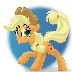 Size: 2000x2000 | Tagged: safe, artist:jen-neigh, applejack, earth pony, pony, g4, :p, abstract background, eyebrows, female, hat, high res, nose wrinkle, silly, simple background, solo, tongue out