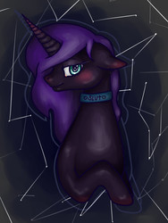 Size: 1051x1394 | Tagged: safe, artist:juls, oc, oc only, oc:cognitio dissonantia, alicorn, pony, blushing, choker, doppelganger, looking at you, solo