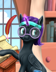 Size: 482x618 | Tagged: safe, artist:vasillium, edit, oc, oc only, oc:nyx, alicorn, pony, alicorn oc, book, cropped, discussion in the comments, female, glasses, golden oaks library, hairband, levitation, looking back, magic, mare, quill, solo, telekinesis, window, writing